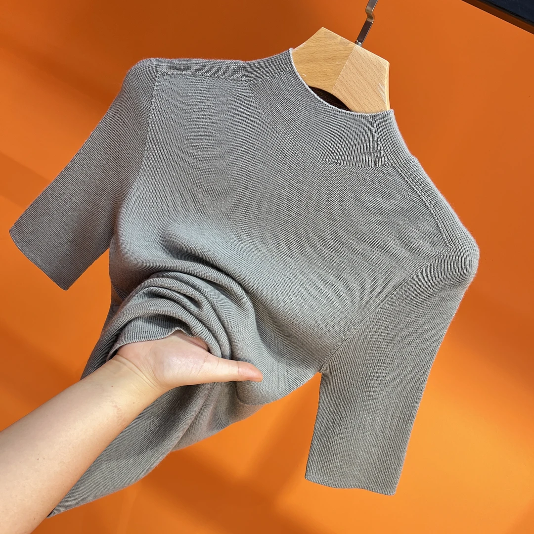 一线成衣100%精纺羊毛衫春季轻奢新款半高领五分袖百搭针织衫