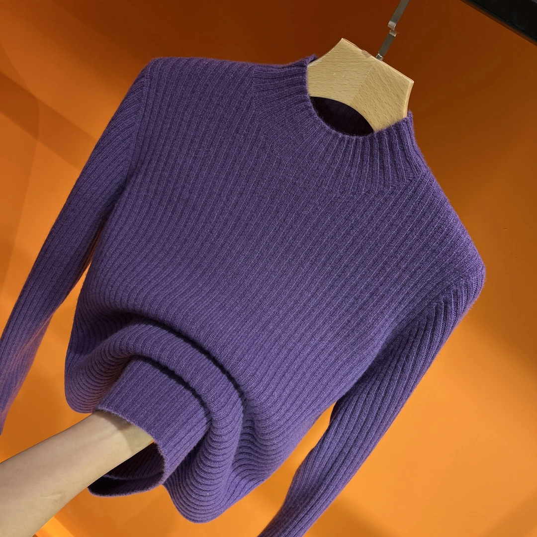 2024年秋冬女新款半高领宽松长袖加厚坑条无缝一体100%羊毛衫打底