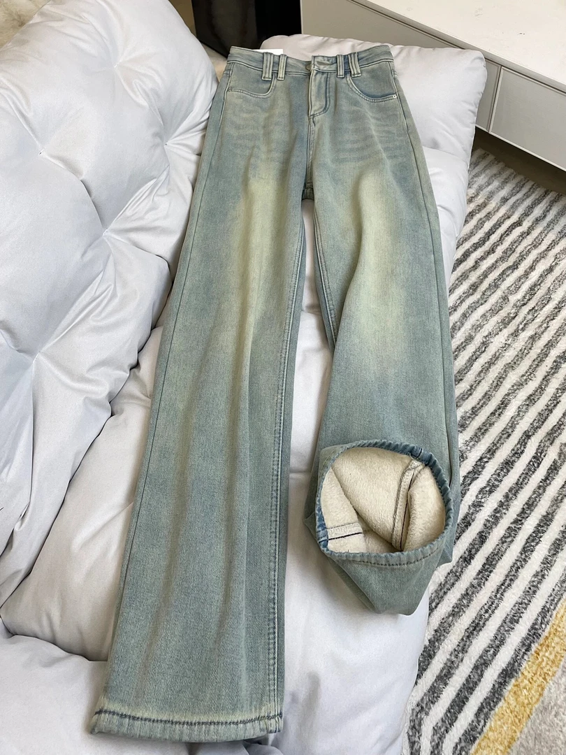 冬季复古水洗做旧直筒加绒牛仔裤女新款高腰阔腿垂感百搭拖地长裤
