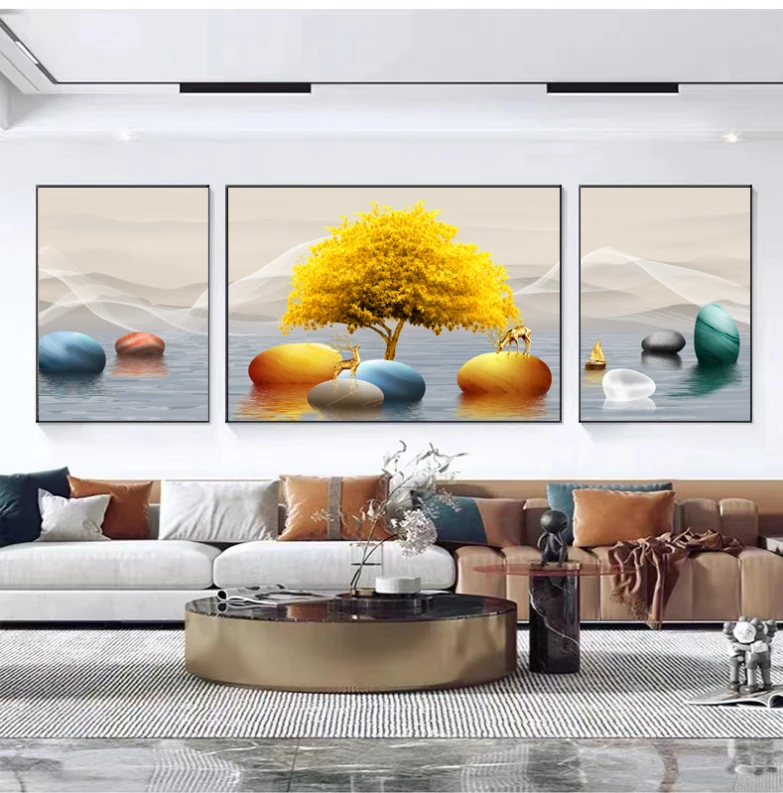 福禄发财树轻奢客厅装饰画简约现代沙发背景墙挂画大气壁画山水画