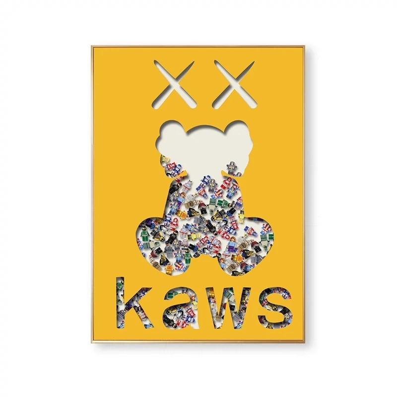 竖款单幅现代简约kaws公仔装饰挂画铝合金画框卡通美式动漫立体