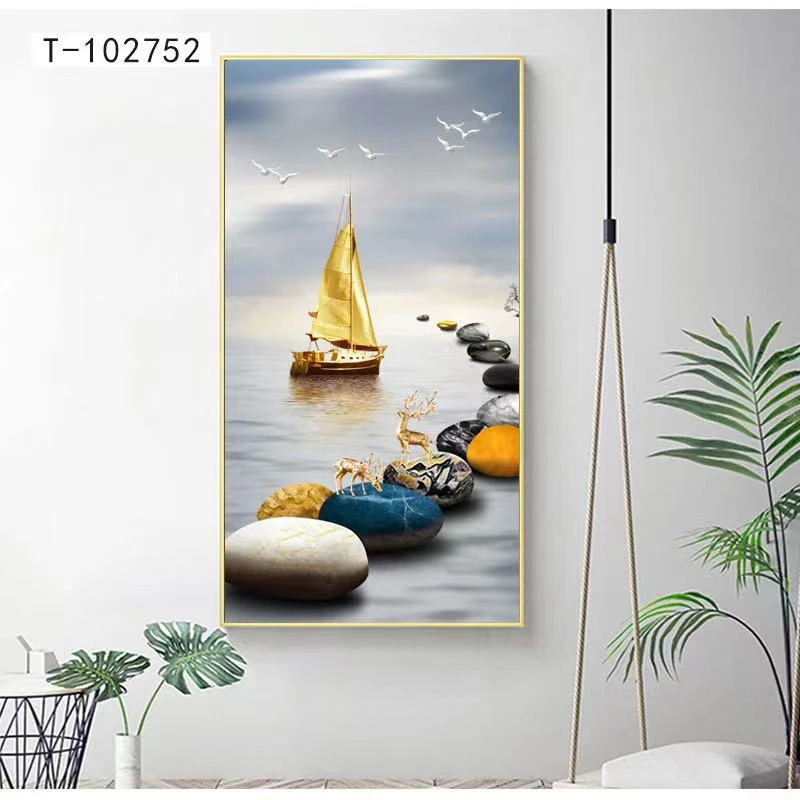 时来运转晶瓷画现代时尚竖款单幅麋鹿玄关晶瓷镶钻装饰铝合金挂画