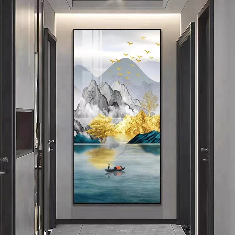 玄关走廊入户装饰画晶瓷有框竖版挂画简约现代背景新中式山水大气