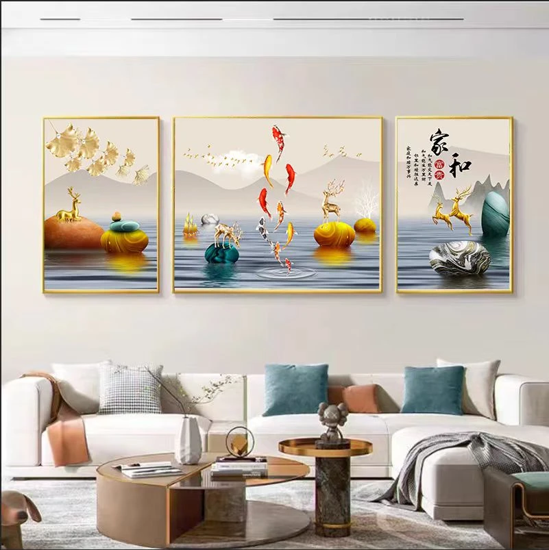 家和九鱼新中式客厅装饰画三联画现代简约沙发背景墙壁画晶瓷挂画