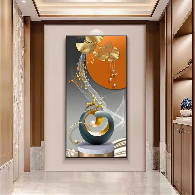 心想事成玄关装饰画入户客厅走廊壁画轻奢风过道竖版大气高端挂画