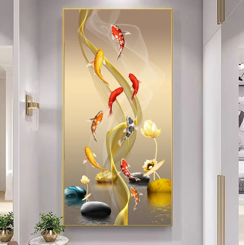 【莲花九鱼】进门生财玄关画入户正对门挂画走廊尽头墙壁画装饰画