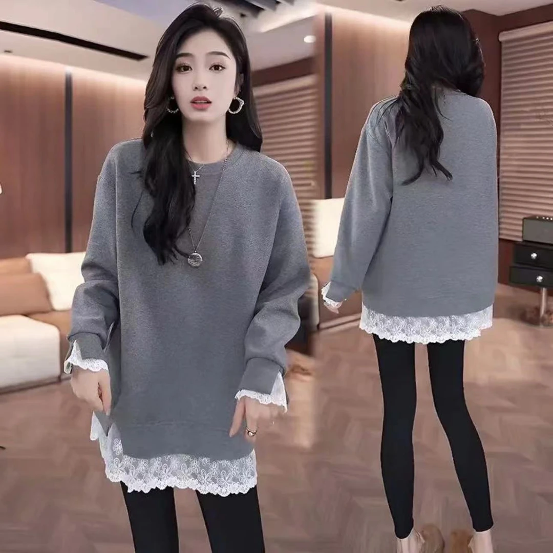 2025秋冬新款假两件蕾丝拼接打底上衣女显瘦长袖百搭8296