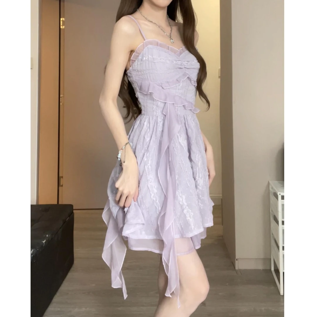 网红款2023夏季新款多巴胺穿搭超甜飘带连衣裙女收腰甜美吊带裙