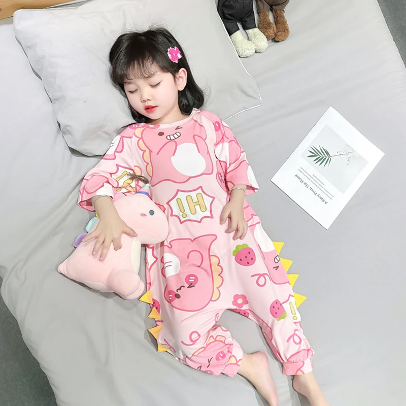 婴儿夏季薄款睡袋女童空调服连体衣女宝宝莫代尔中小童七分袖睡衣