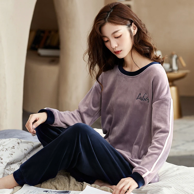GPTUNA睡衣女春秋季海岛绒家居服套装半边绒睡衣女款简约风可外出