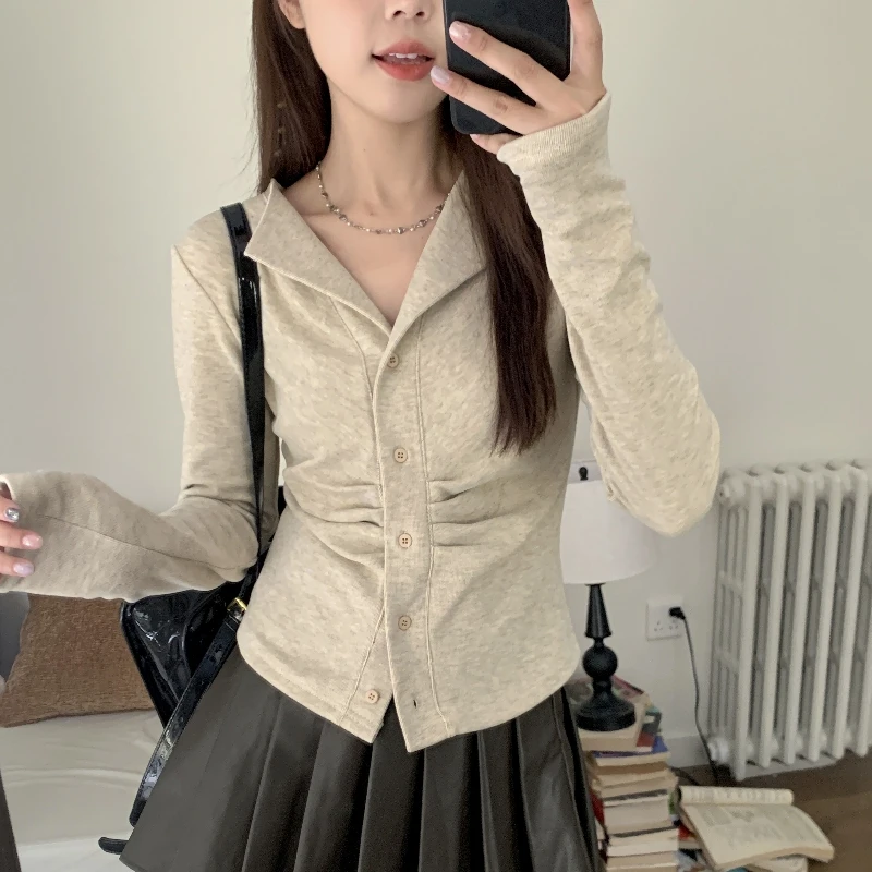 大码显瘦加绒上衣女秋冬胖mm修身不规则褶皱polo领T恤打底衫