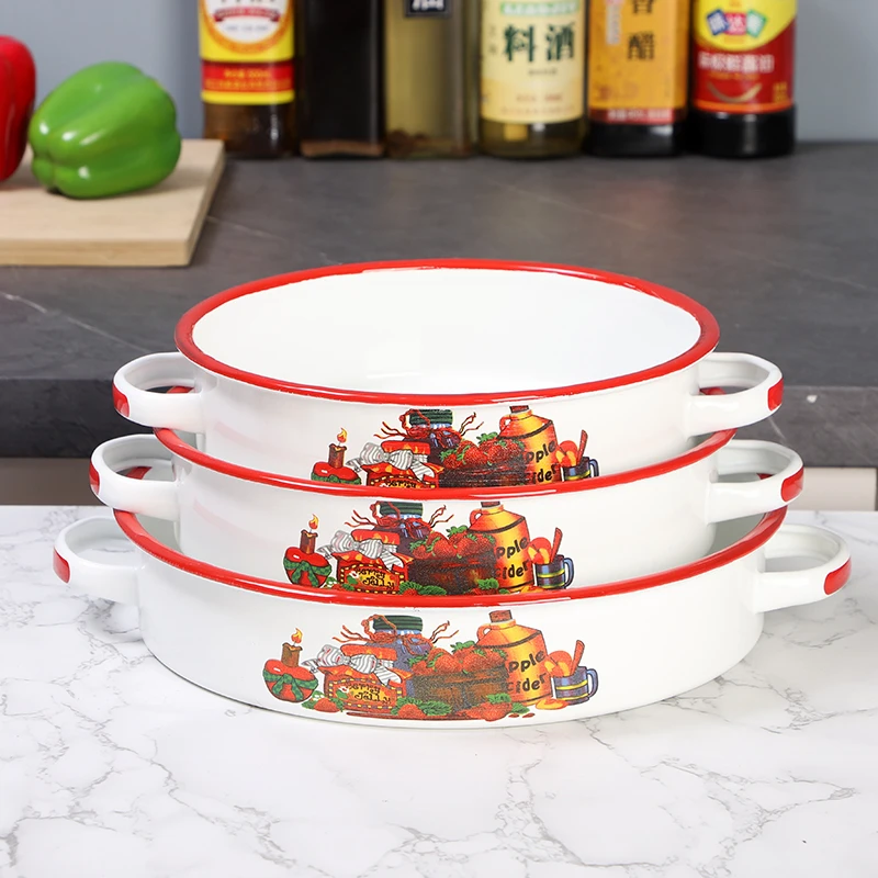 欧丽家珐琅搪瓷盘双耳搪瓷盘汤盘加深盘老式怀旧复古盘饺子盘烤盘