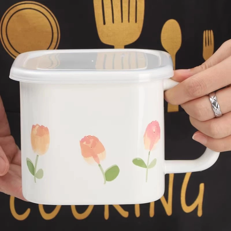 欧丽家 搪瓷方形饭盒带盖保鲜盒泡面碗厚实珐琅日式泡面杯电磁炉