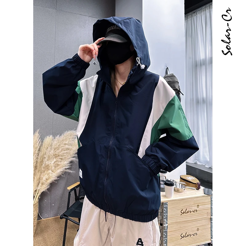 秋季新款外套拼色休闲百搭宽松夹克连帽撞色冲锋衣情侣防风拼接