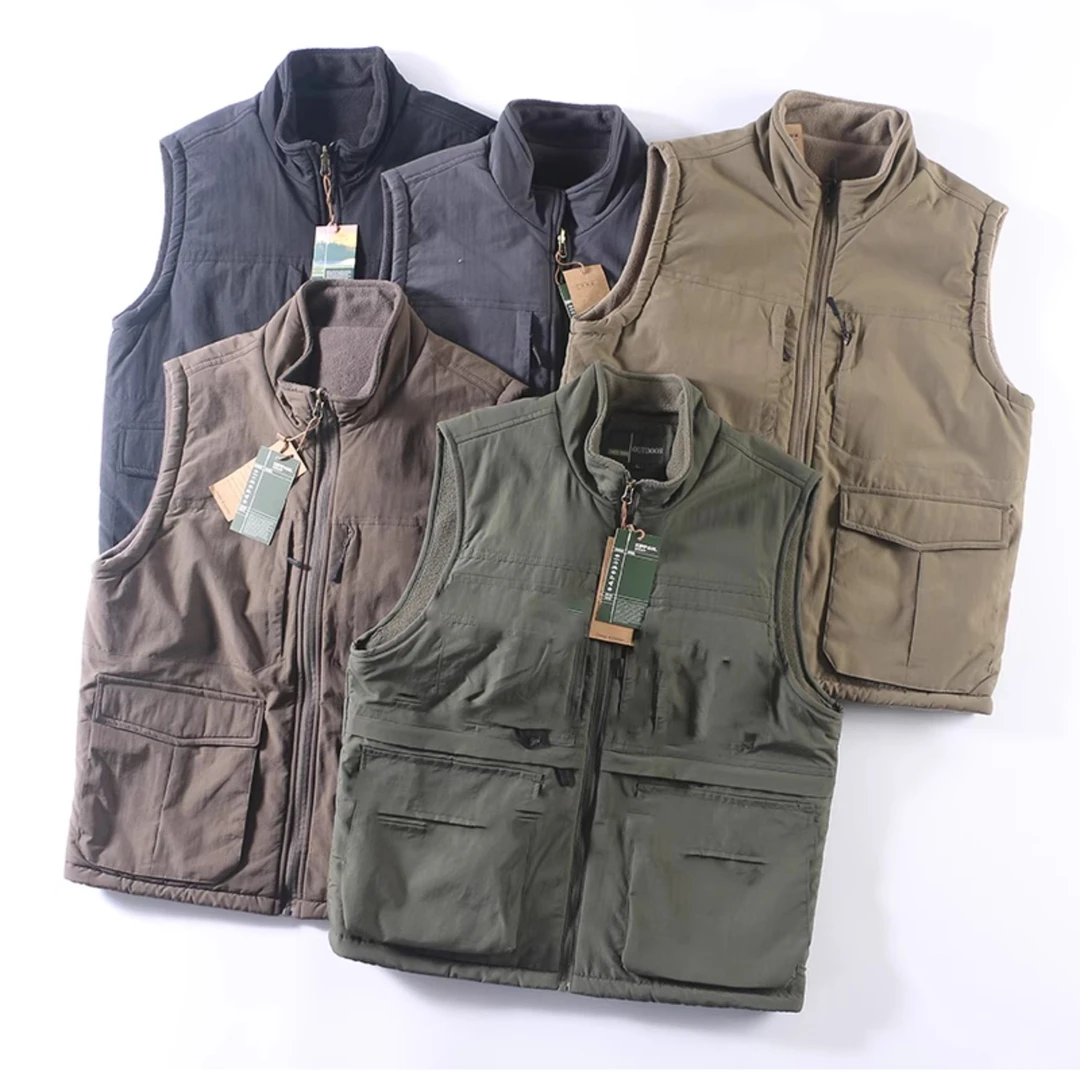 加绒加厚秋冬男士户外立领防风防水保暖工装马甲背心-2526