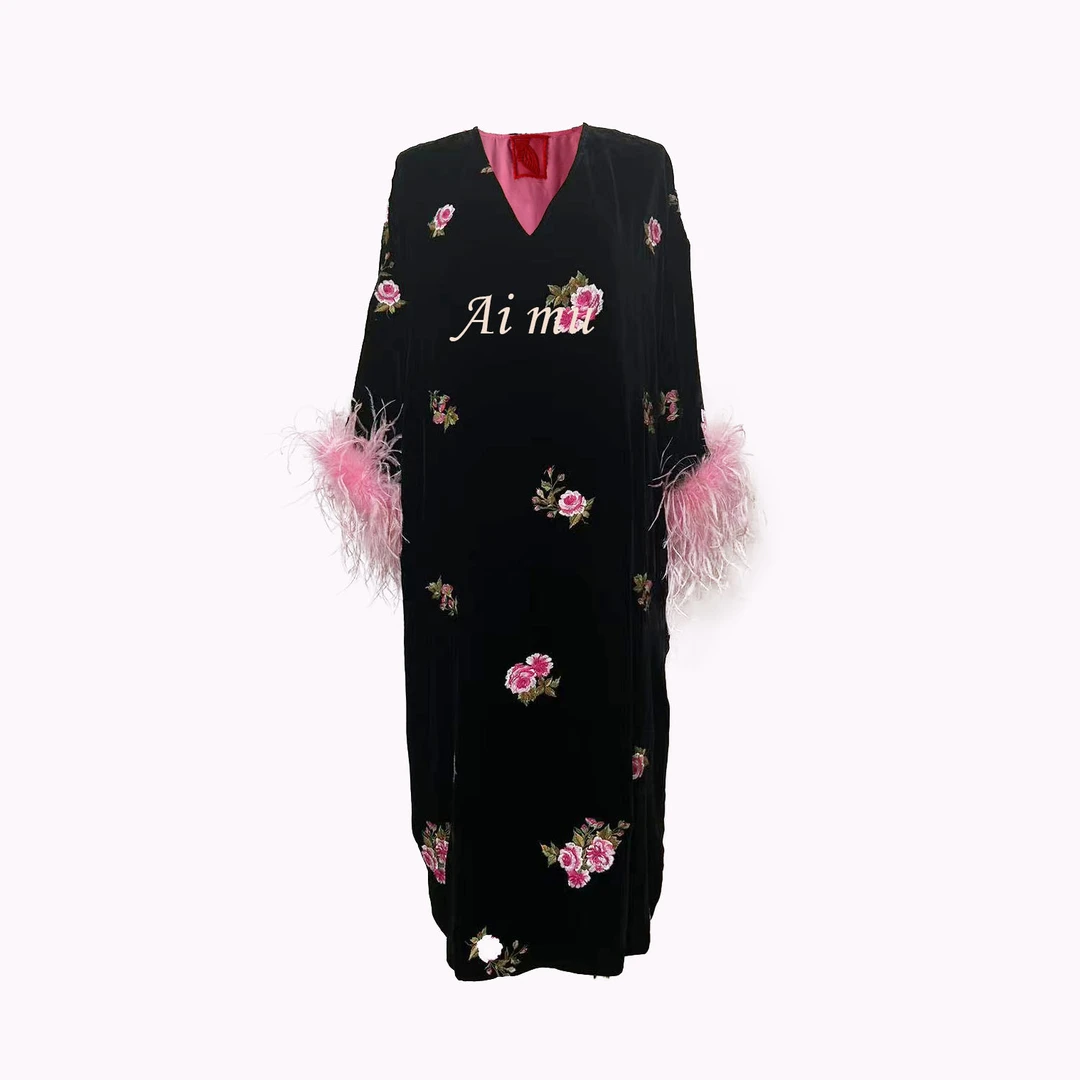 (那秋)真丝丝绒连衣裙女装连衣裙气质时尚黑色设计师绣花国风复古