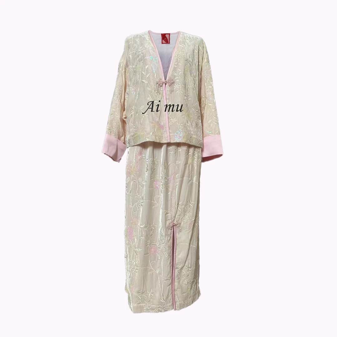 （不可及）真丝丝绒套装裙碎花时尚休闲女士中国风秋季春秋