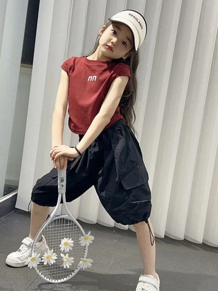 女童背心套装2024夏季新款童装女孩炸街洋气时髦工装裤T恤两件套