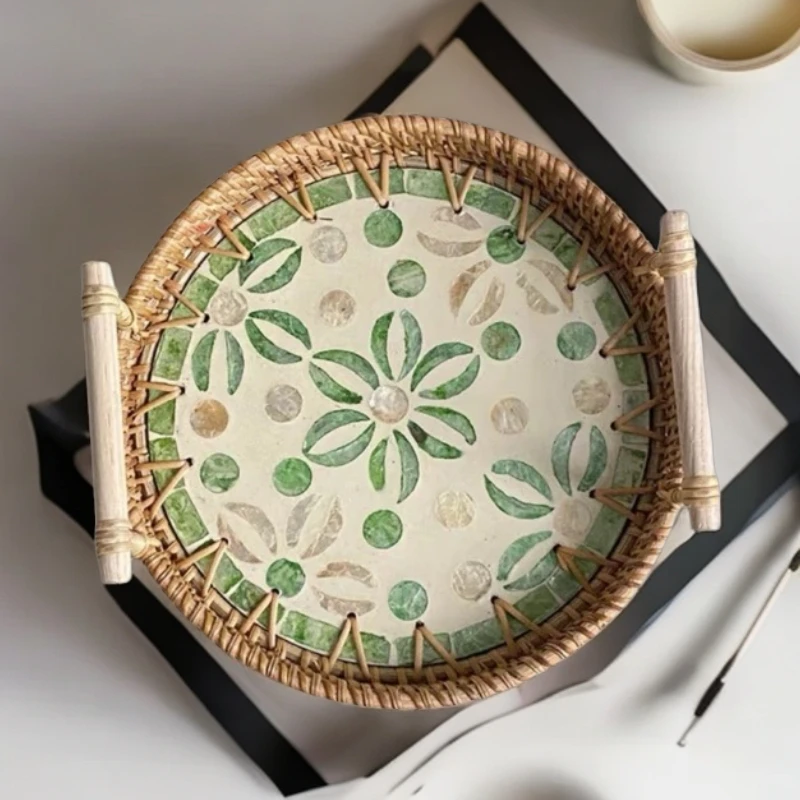 杨桃花中号水果盘面包双耳日式零食下午点心盘家用篮子圆形竹篮