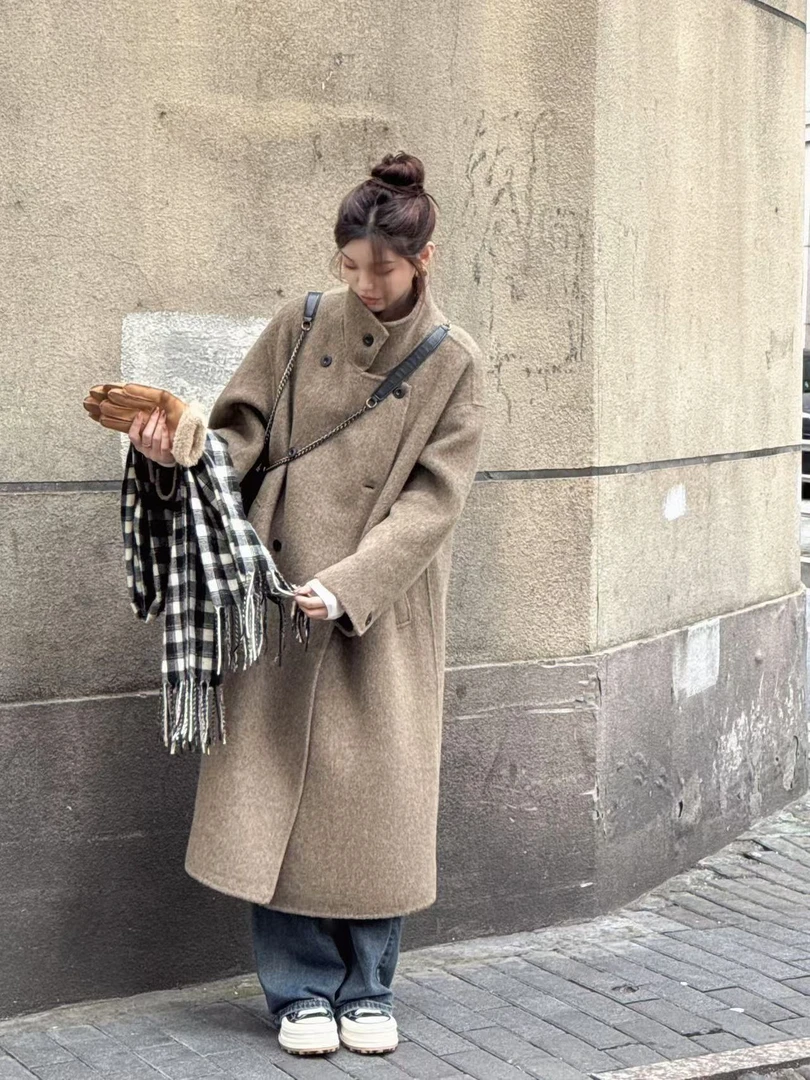 「霖依」高领韩系双面绵羊毛大衣秋冬宽松毛呢加厚中长款8597