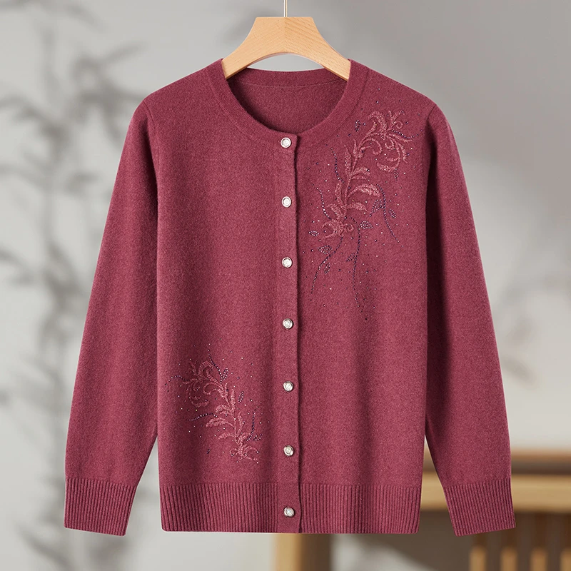 奶奶秋装纯羊毛开衫上衣中老年妈妈秋冬全毛针织外套70老太太衣服