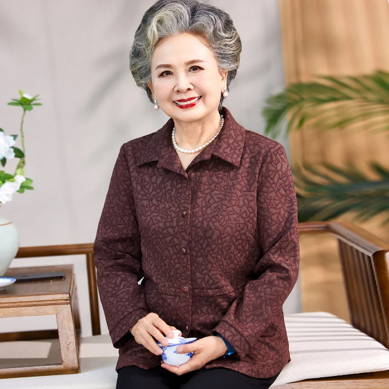 奶奶春季长袖衬衫上衣老年妈妈春秋天宽松薄外套衬衣70老太太衣服