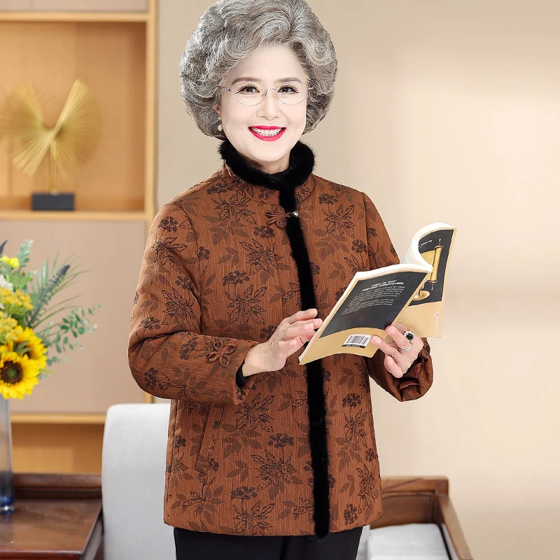 老年人冬装女水貂毛领棉服奶奶加厚棉袄60岁70老人妈妈唐装棉衣80