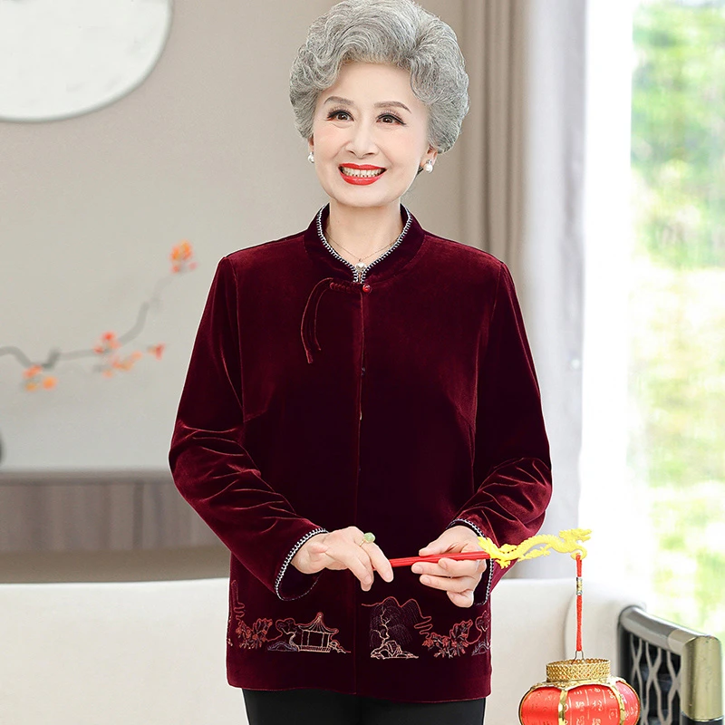 奶奶秋装金丝绒衬衫上衣中老年妈妈春秋天宽松衬衣薄外套唐装婆婆