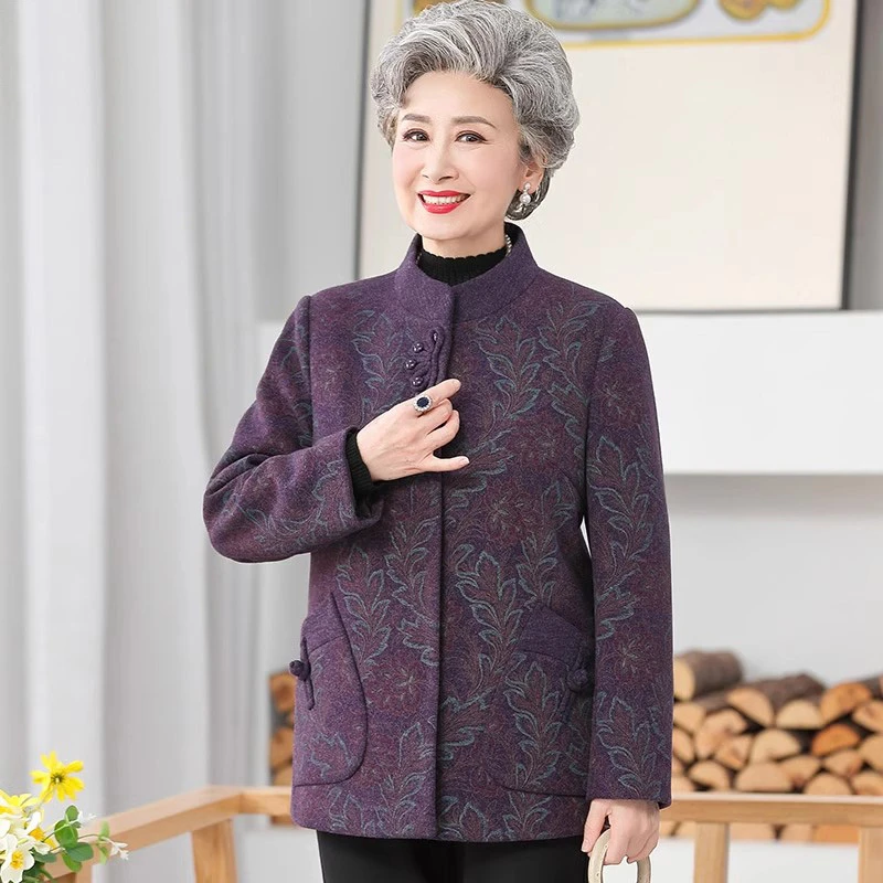 奶奶秋装呢子外套中老年妈妈春秋毛呢开衫唐装70岁老太太婆婆衣服