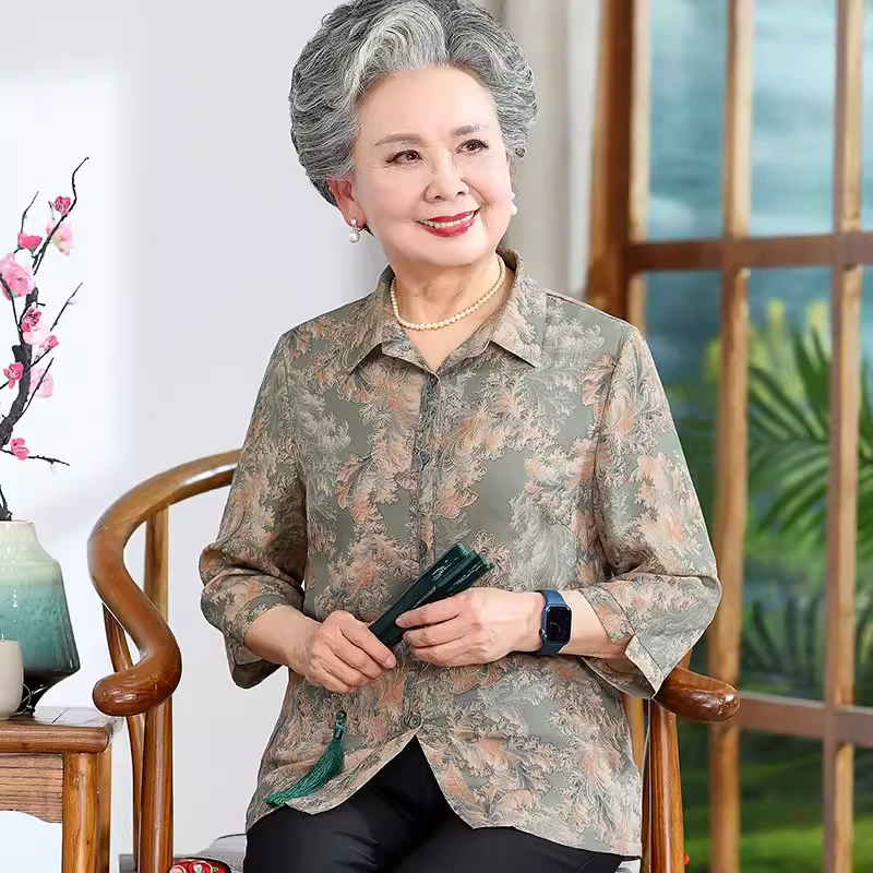 老年人夏装女妈妈薄款衬衫老太太衬衣奶奶夏季宽松七分袖碎花上衣