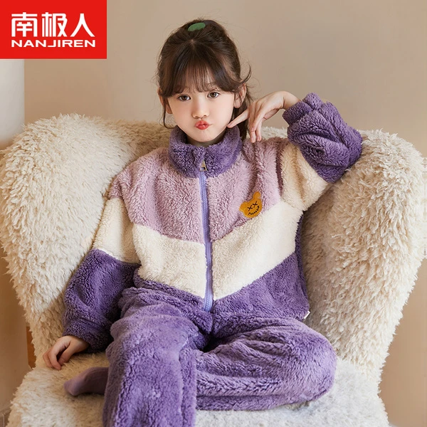 女童珊瑚绒睡衣2023新款秋冬季儿童法兰绒加绒加厚套装女孩家居服