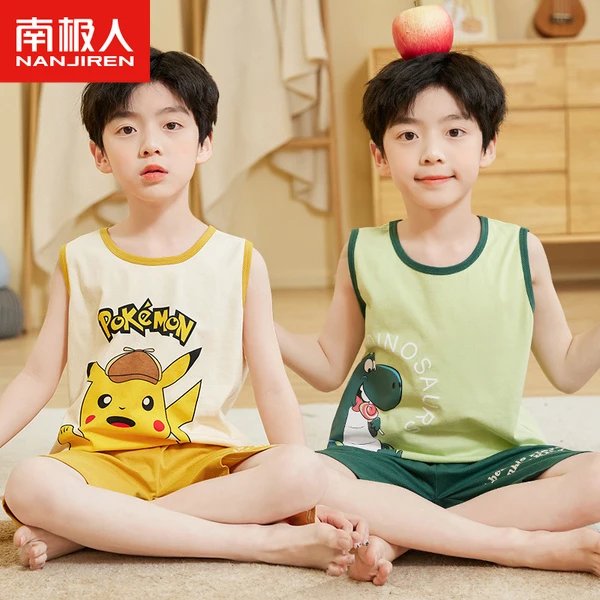 男童睡衣夏季薄款儿童纯棉大童小男孩夏款棉绸背心家居服套装夏天