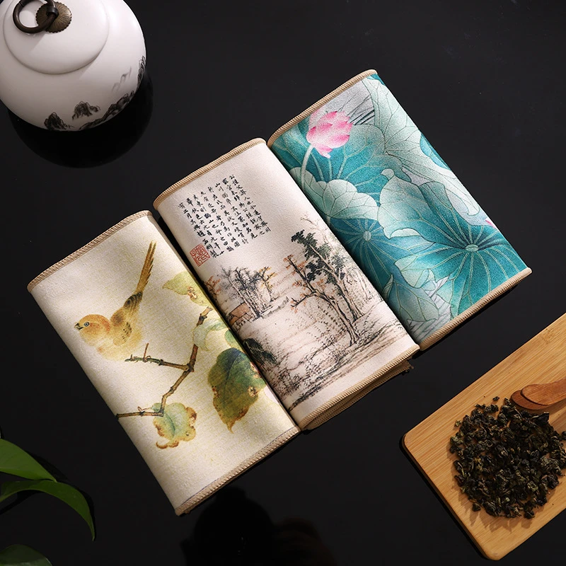 麂皮绒中国风复古茶巾彩绘加大加厚茶道双面吸水高档茶布禅意中式