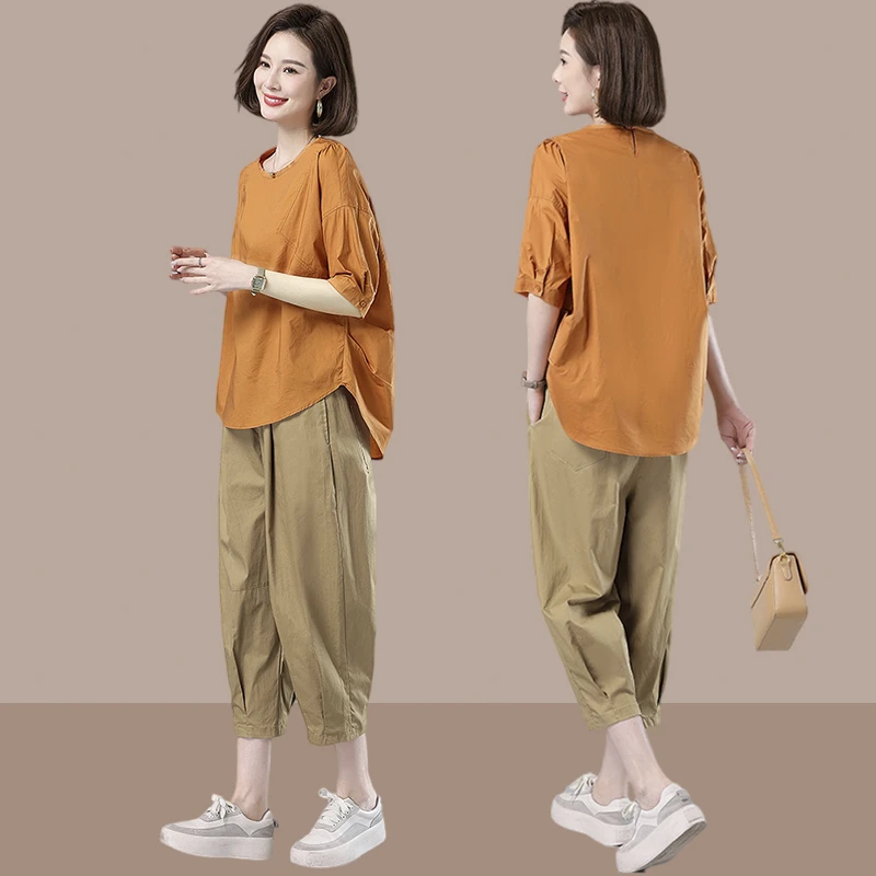 小个子妈妈休闲套装女夏季新款2025爆款洋气减龄短袖七分裤两件套