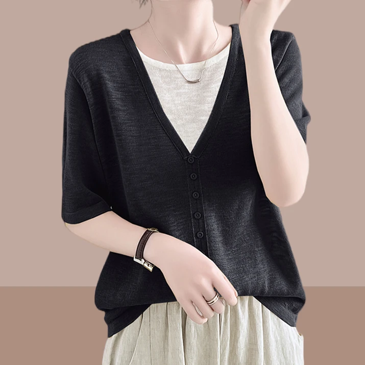 假两件短款t恤女2025夏季爆款高级感宽松版上衣下摆遮肉显瘦衣服