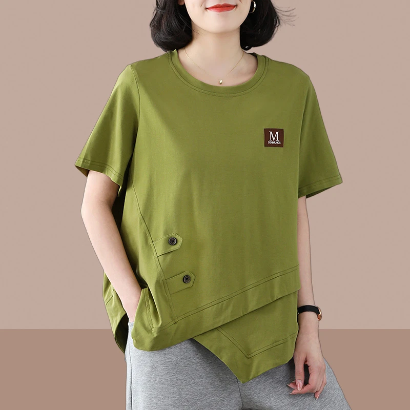设计感小众个性开叉上衣爆款2023洋气时尚正肩短袖t恤女微胖遮肉