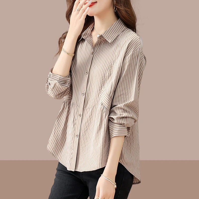 咖色衬衫女爆款秋季韩系复古方领条纹长袖大码衬衣日常通勤上衣潮