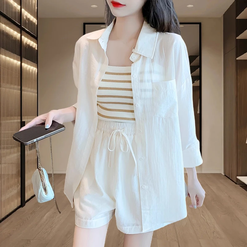 洋气防晒衬衫短裤套装女2025爆款气质减龄气质遮肚子三件套轻熟风