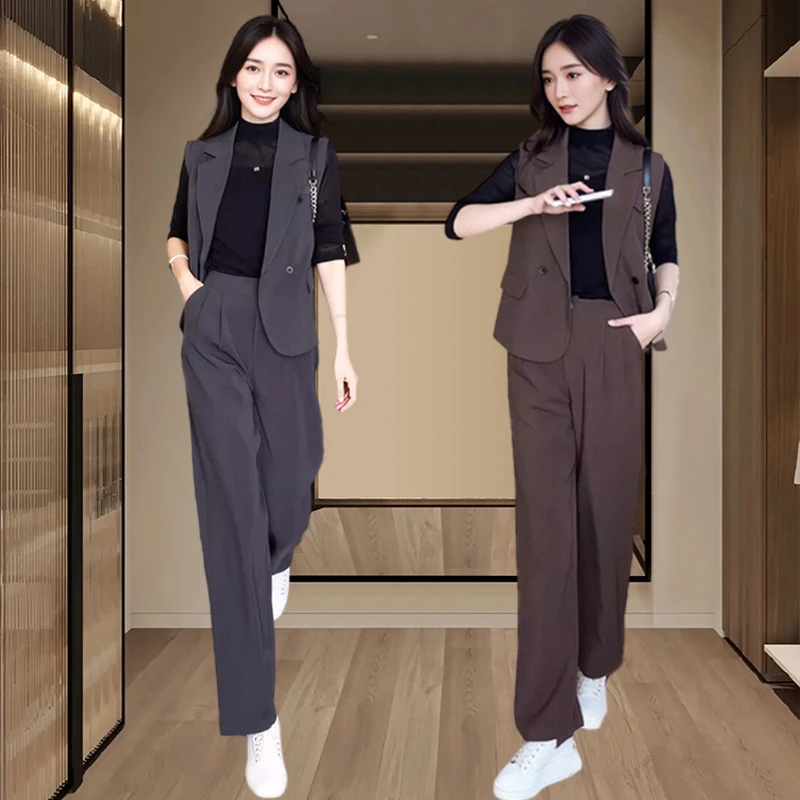 女士时尚百搭服装洋气套装2024秋季新款潮流衬衫马甲阔腿裤三件套