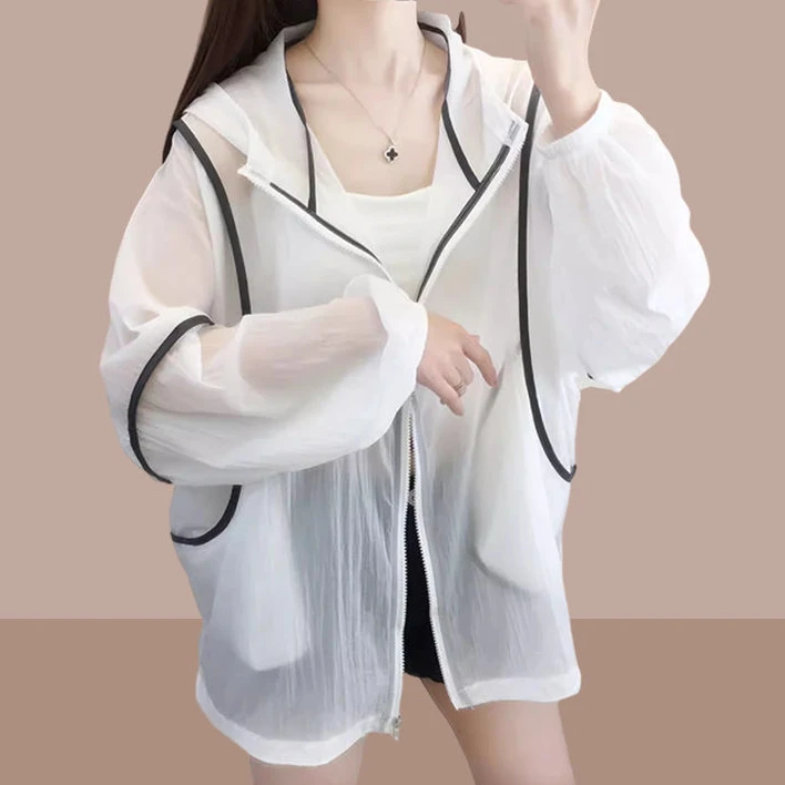 连帽轻薄防晒衣女2025夏季新款大码宽松百搭白色短款外套日常通勤