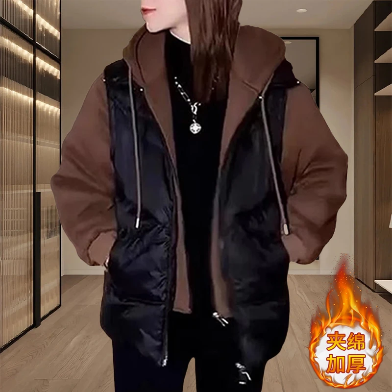 连帽假两件夹绵加厚外套女2025年冬季短款棉服小个子洋气保暖上衣