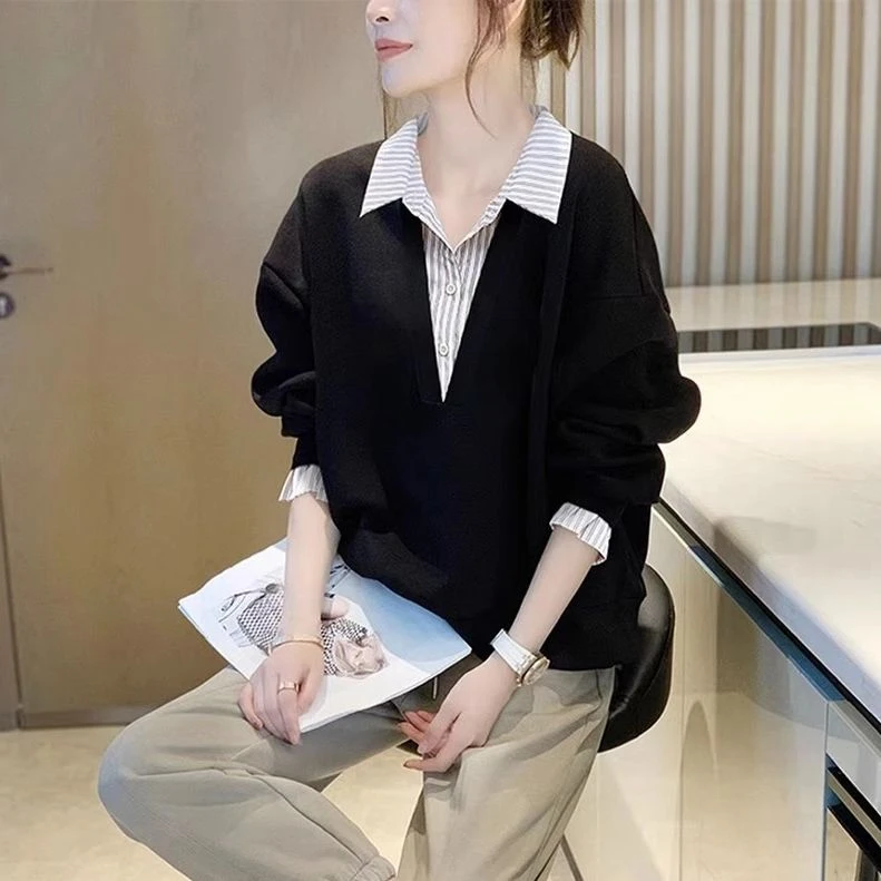 设计感假两件衬衣女2025年春秋新款条纹拼接卫衣百搭洋气上衣减龄