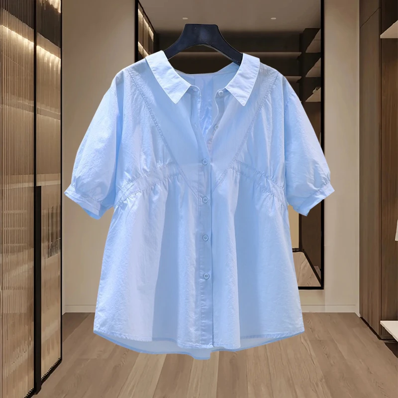 娃娃领短袖衬衫女2025夏季新款时尚宽松大码遮肚显瘦上衣气质减龄