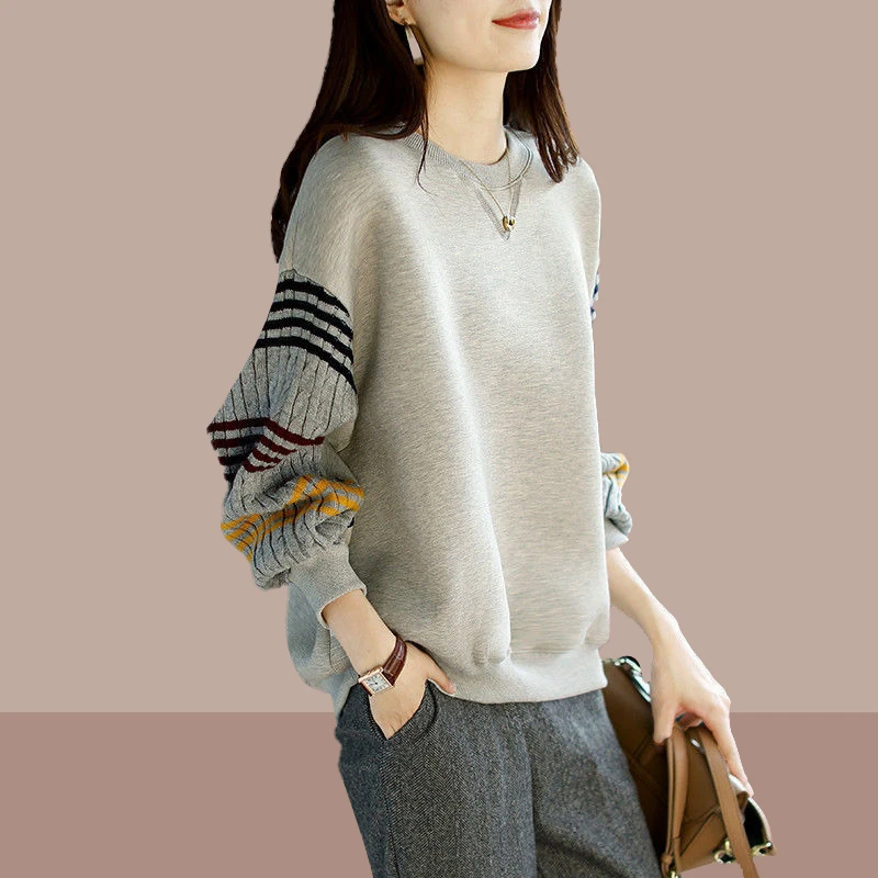 春秋女美式圆领卫衣胖mm宽松慵懒风大码长袖高街oversize休闲衣服