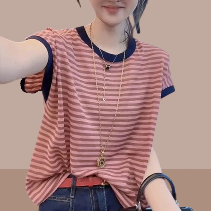 条纹短袖t恤女爆款2025夏新款时尚漂亮洋气减龄小心机设计感上衣