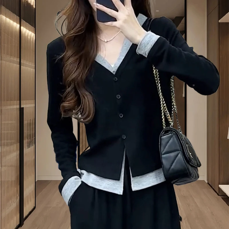 时髦假两件针织衫2025春秋新款洋气上档次上衣小个子气质显瘦衣服