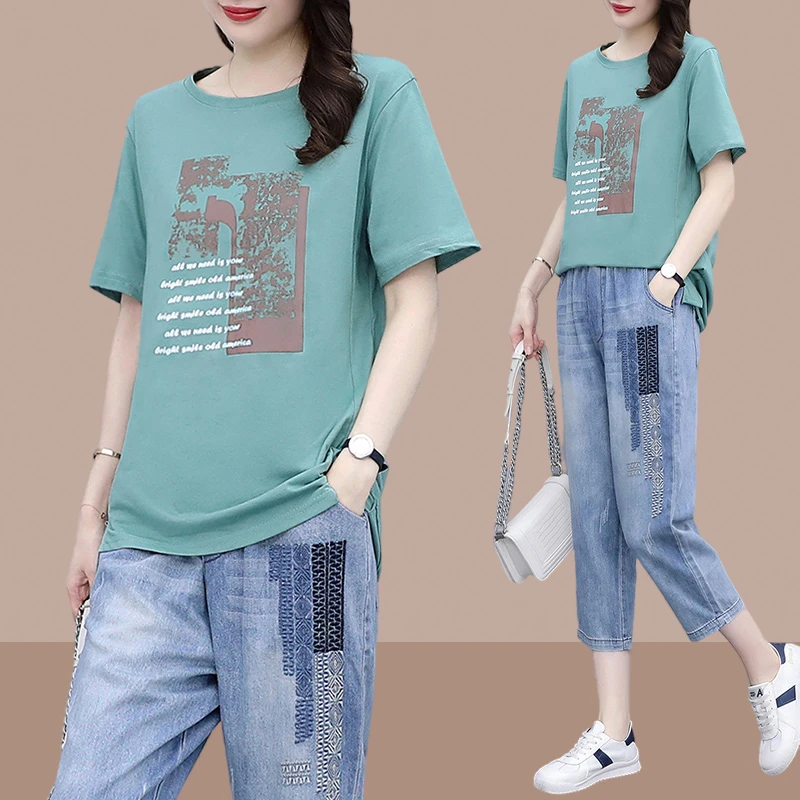 两件套时尚遮肚子显瘦套装2025夏季梨形身材牛仔裤子胖mm大码女装