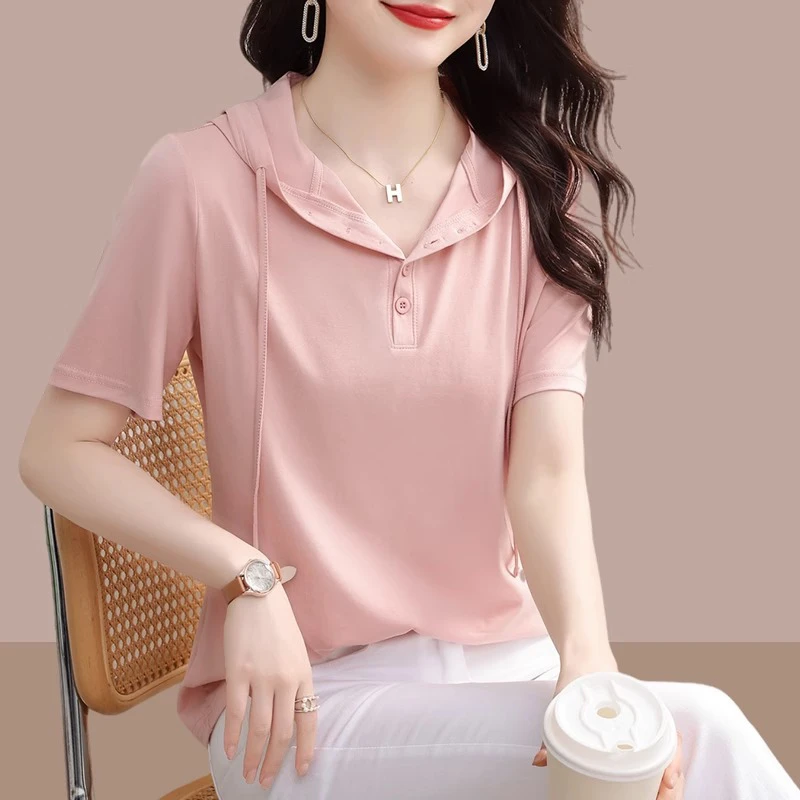 女式连帽短袖正肩显瘦t恤爆款2025夏新款小个子洋气百搭小众上衣