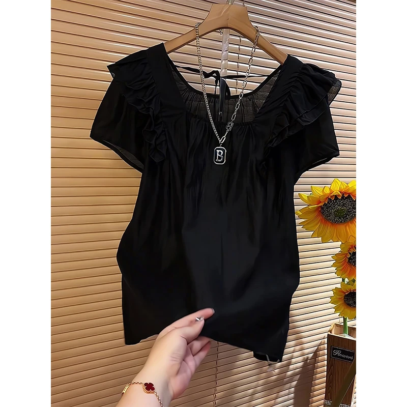 黑色短袖衬衫2025新款夏季洋气薄款衬衣法式小众欧货减龄通勤女装