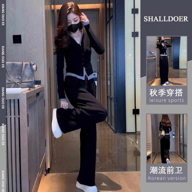 2025秋季新款V领百搭设计感显瘦上阔腿裤两件套品质女装时尚通勤